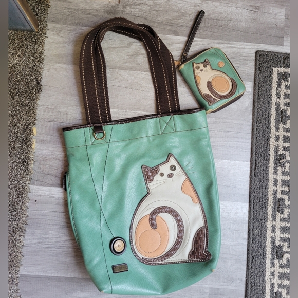 🆕🛒🛍️💥Used Chala Mint Green Cat Tote w/matching wallet - Picture 1 of 15